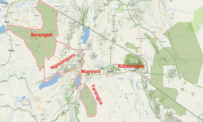 6 Day Safari Map Tarangire Serengeti Ngorongoro Manyara